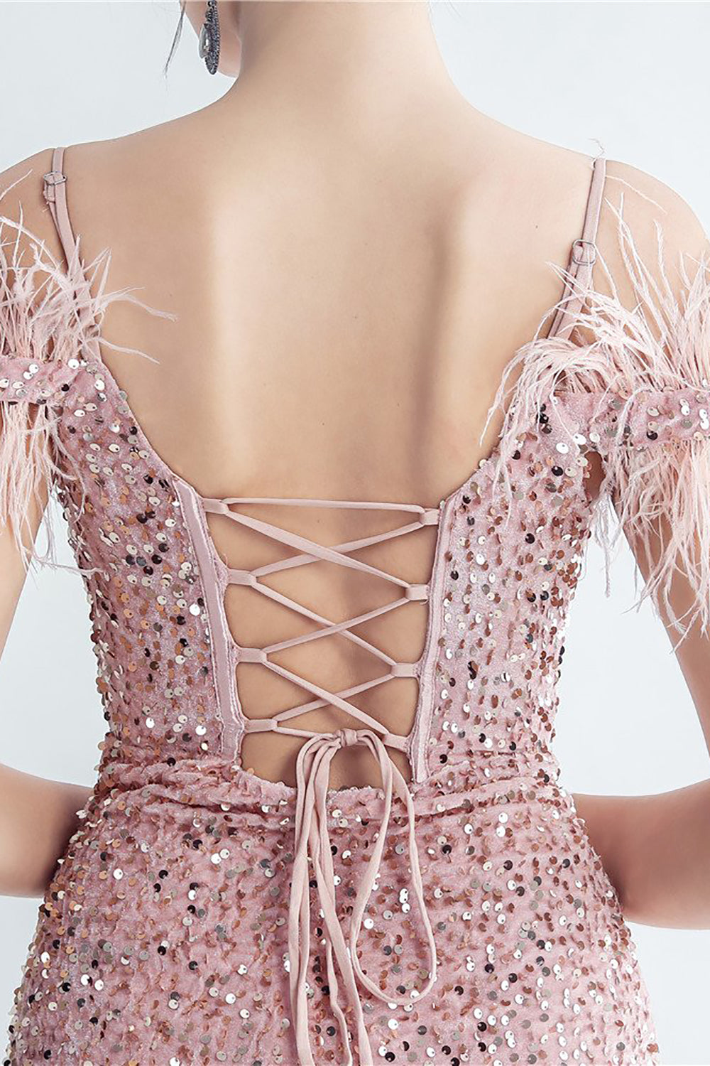 Cold Shoulder Sequins Blue Corset Prom Dress with Feathers