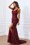 Mermaid Burgundy Sequins Prom Dress with Slit