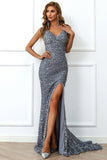 Mermaid Burgundy Sequins Prom Dress with Slit