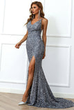 Mermaid Burgundy Sequins Prom Dress with Slit
