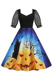 Black A Line Halloween Printed Vintage Dress