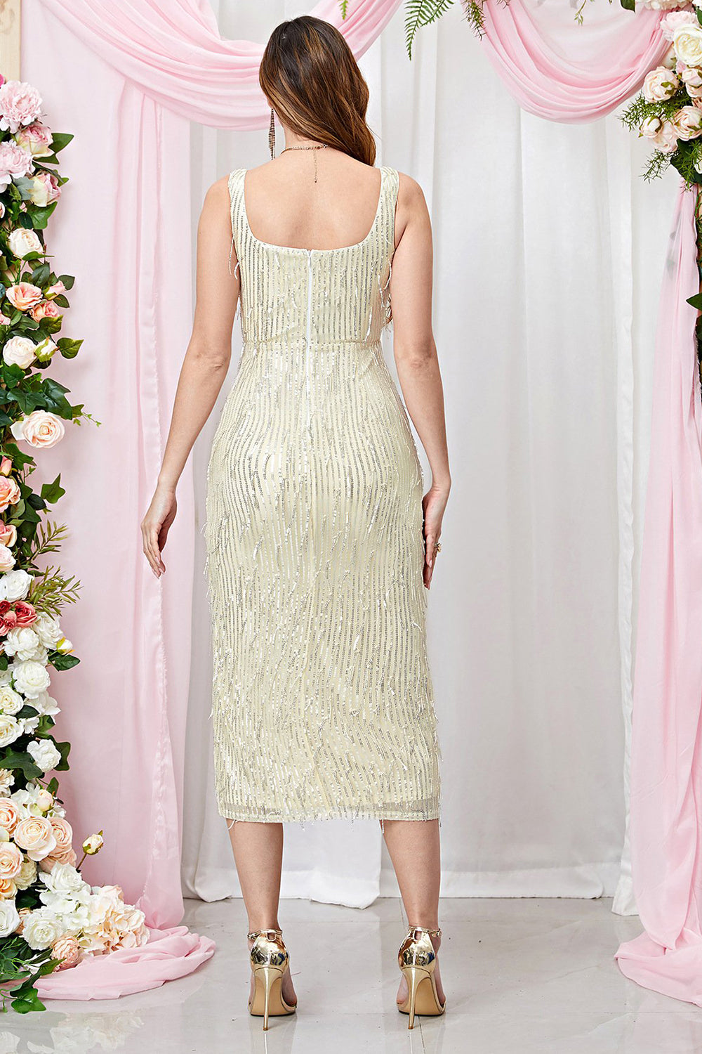 Sequined Apricot Sheath Sleeveless Party Dress With Slit