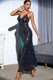 Black Sequin Spaghetti Strap Backless V-neck Long Evening Dress
