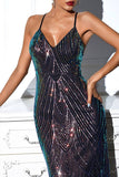 Black Sequin Spaghetti Strap Backless V-neck Long Evening Dress