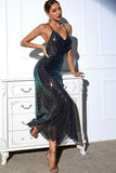 Black Sequin Spaghetti Strap Backless V-neck Long Evening Dress