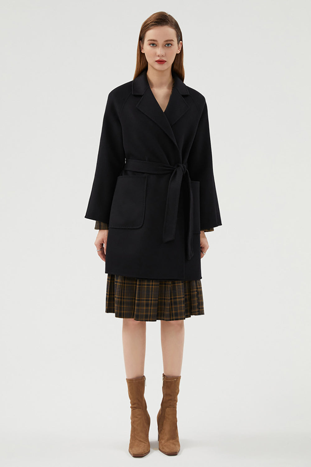 Black Long Notched Lapel Reversible Wool Coat with Belt