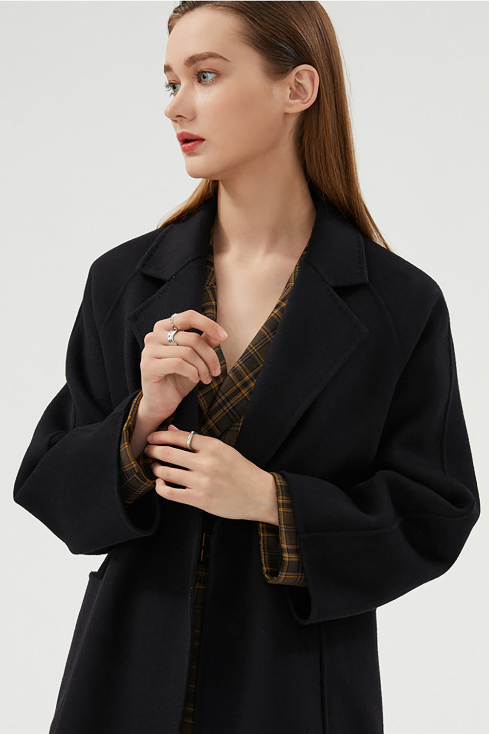 Black Long Notched Lapel Reversible Wool Coat with Belt