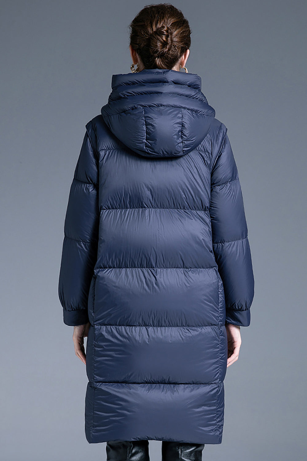 Navy Long Winter Down Jacket With Pockets