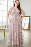 Grey Pink A-Line V-Neck Embroidered Plus Size Prom Dress