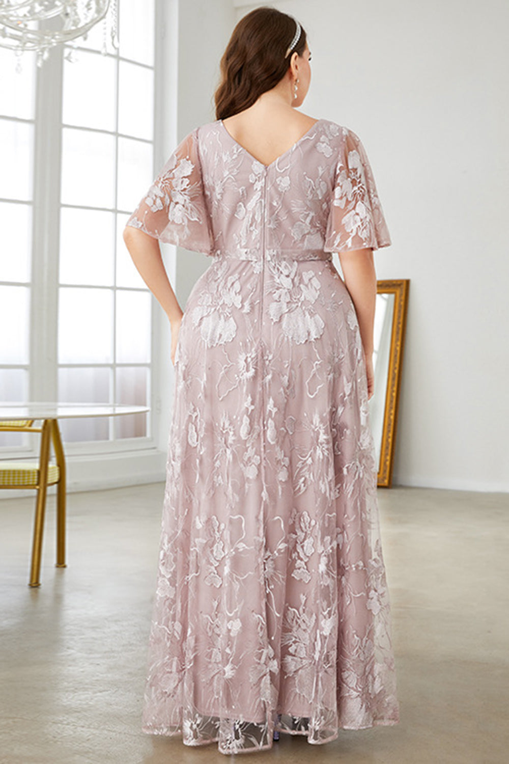 Grey Pink A-Line V-Neck Embroidered Plus Size Prom Dress