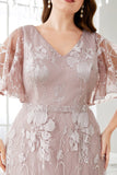 Grey Pink A-Line V-Neck Embroidered Plus Size Prom Dress