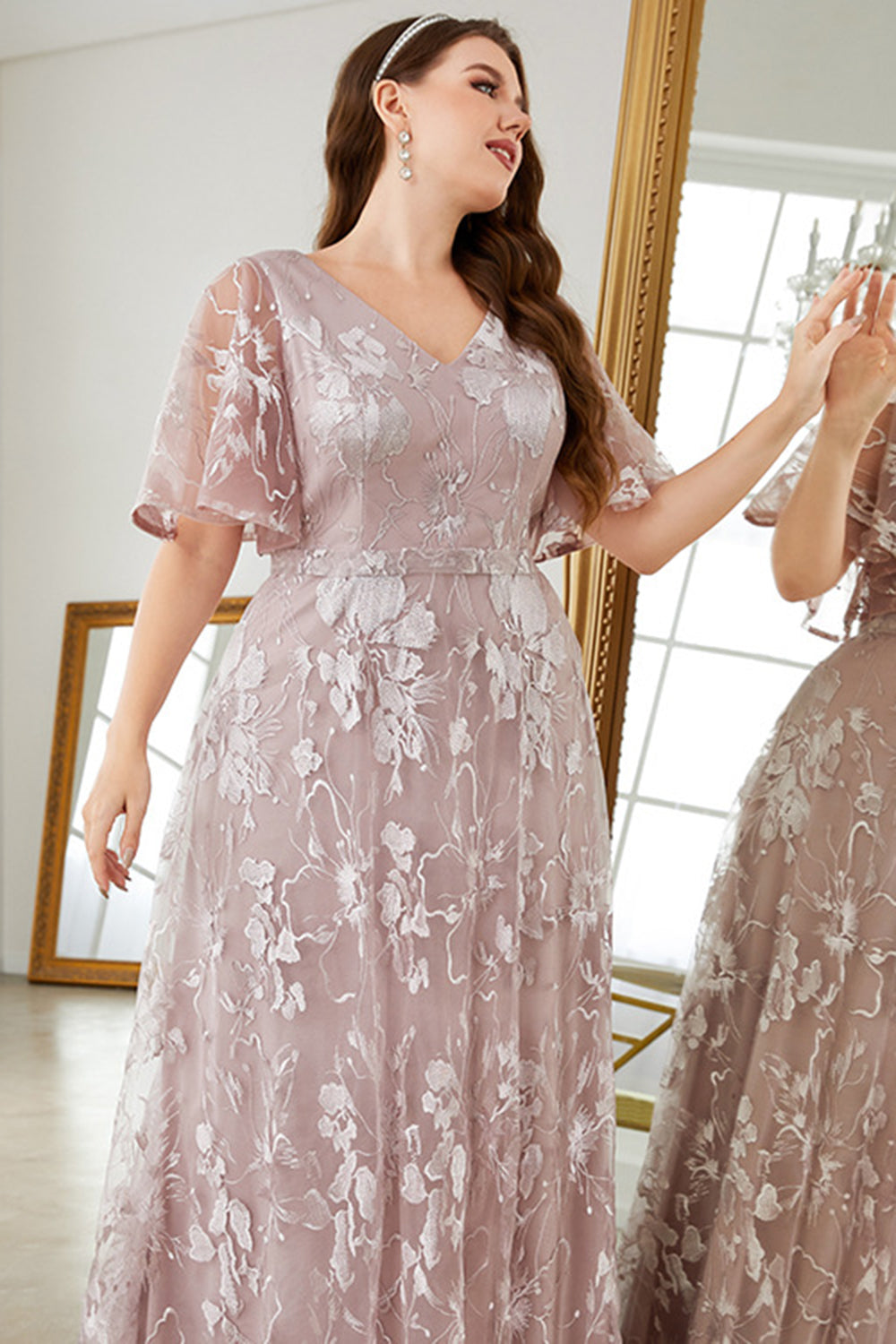 Grey Pink A-Line V-Neck Embroidered Plus Size Prom Dress
