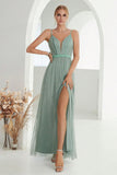 Grey Green A Line Spaghetti Straps Long Prom Dress with Slit