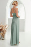 Grey Green A Line Spaghetti Straps Long Prom Dress with Slit