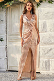 Champagne Sheath Sparkly Prom Dress with Slit
