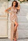 Champagne Sheath Sparkly Prom Dress with Slit