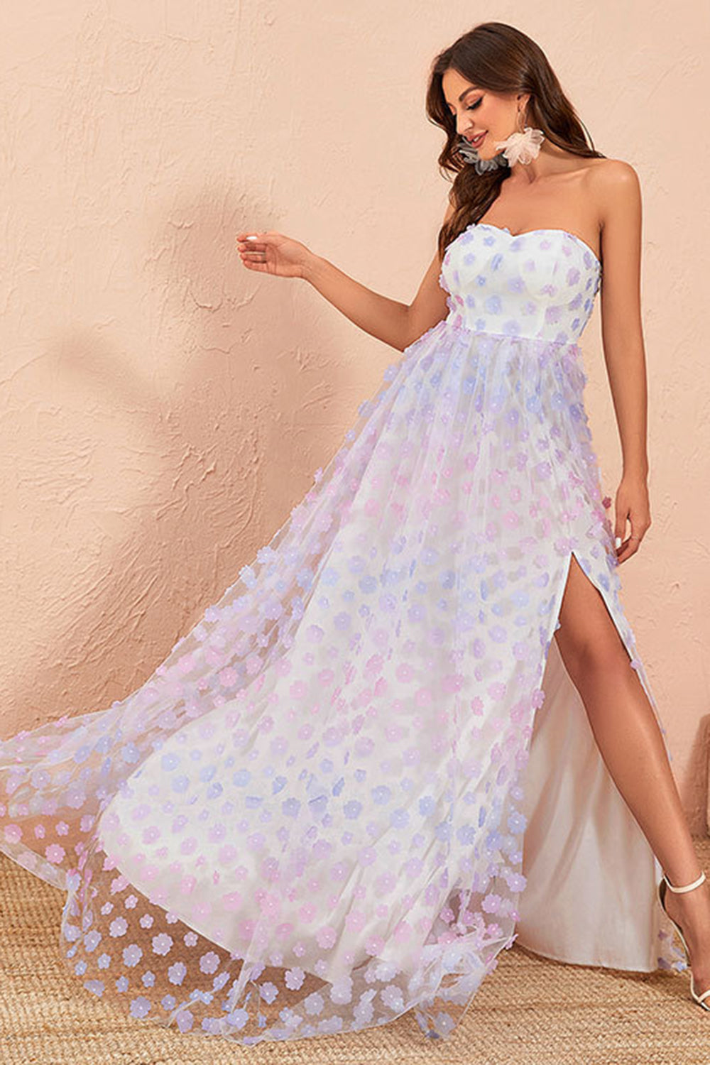 Strapless A Line Tulle Prom Dress with Floral