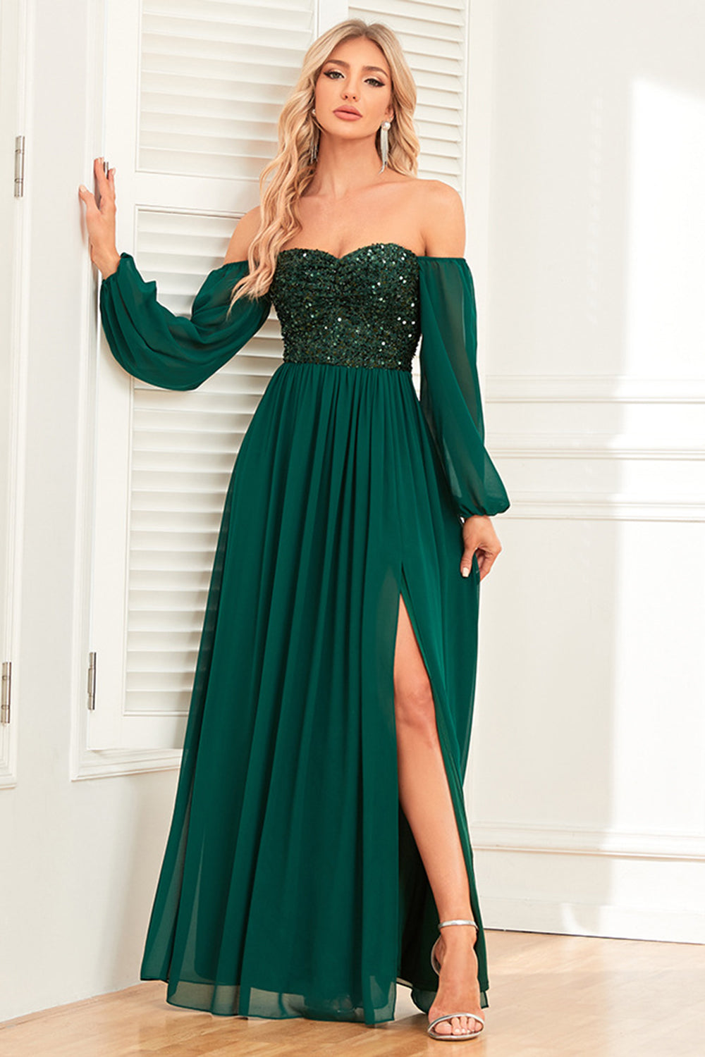 A-Line Dark Green Sequins Prom Dress with Sleeves