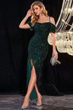 Sparkly Cold Shoudler Dark Green Sequins Porm Dress with Slit
