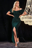 Sparkly Cold Shoudler Dark Green Sequins Porm Dress with Slit