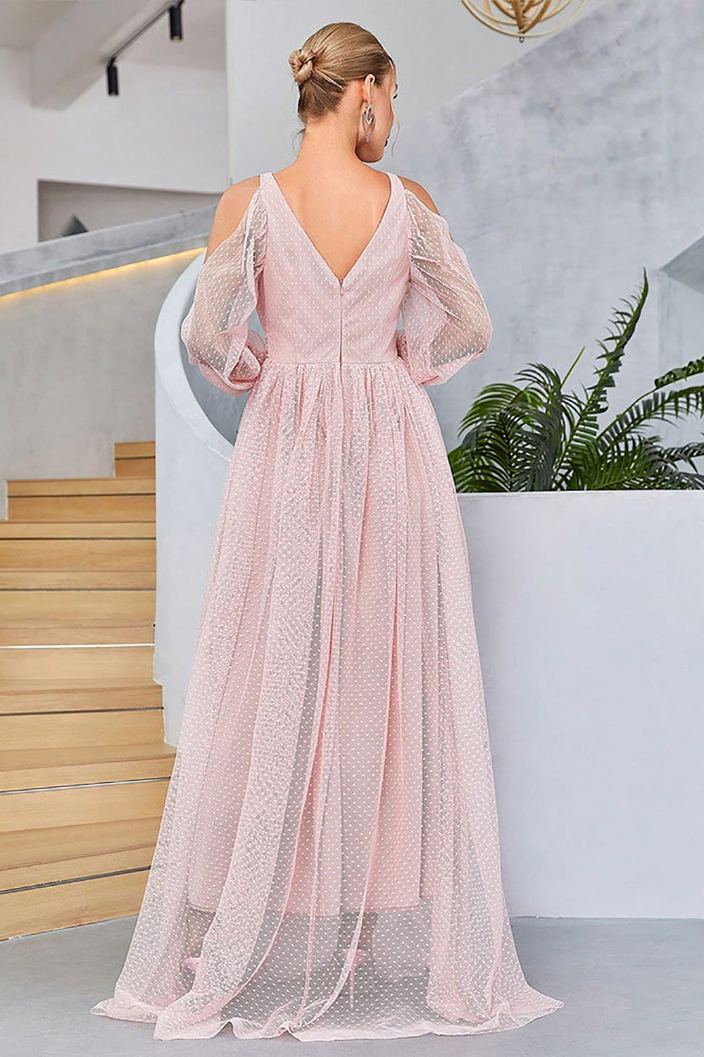 Blush Cold Shoulder Tulle Prom Dress with Polka Dots