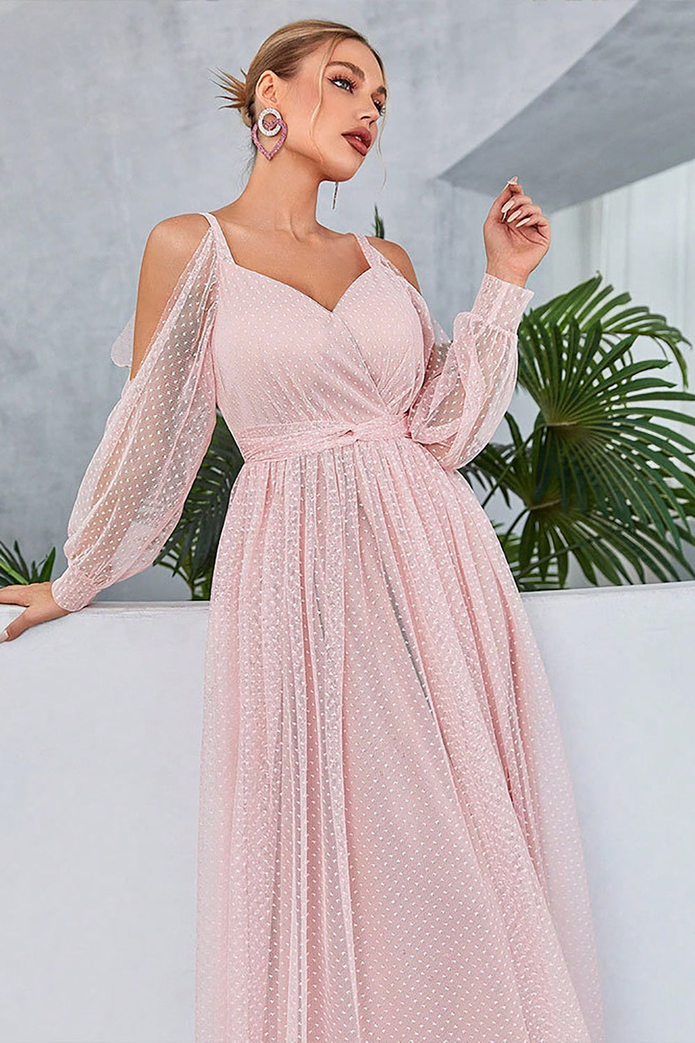 Blush Cold Shoulder Tulle Prom Dress with Polka Dots