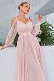 Blush Cold Shoulder Tulle Prom Dress with Polka Dots