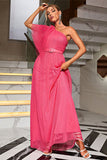 Coral One Shoulder Tulle Long Prom Dress with Belt