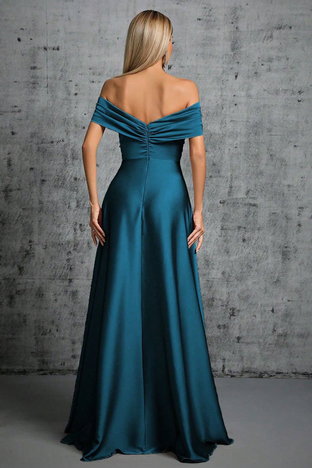 Peacock Blue Satin Off The Shoulder Formal Dress
