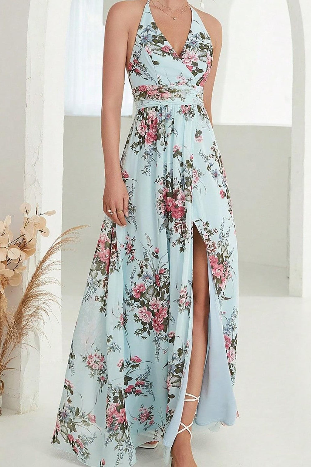 Printed Halter Light Blue Wedding Party Dress with Slit