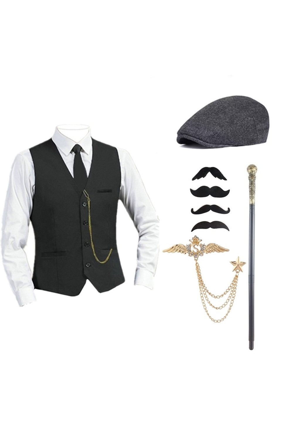 Black One Breasted Men's Vest with Accessories Set