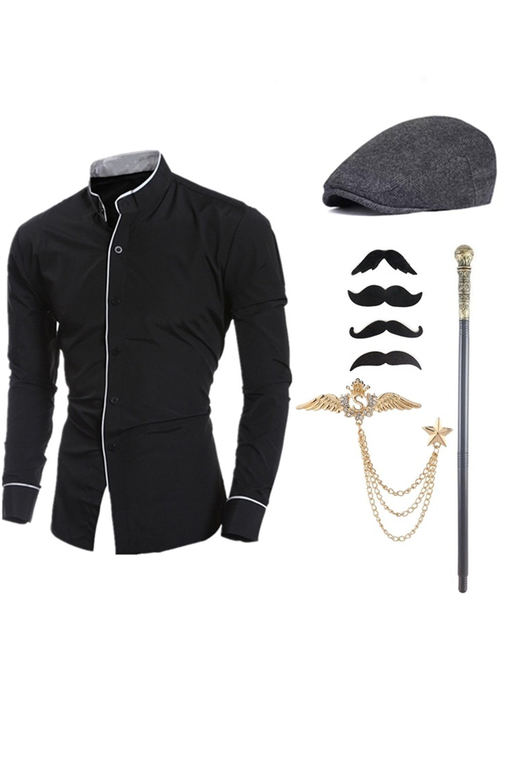 Stand Collar Long Sleeves Black Men's Suit Shirt with Accessories Set