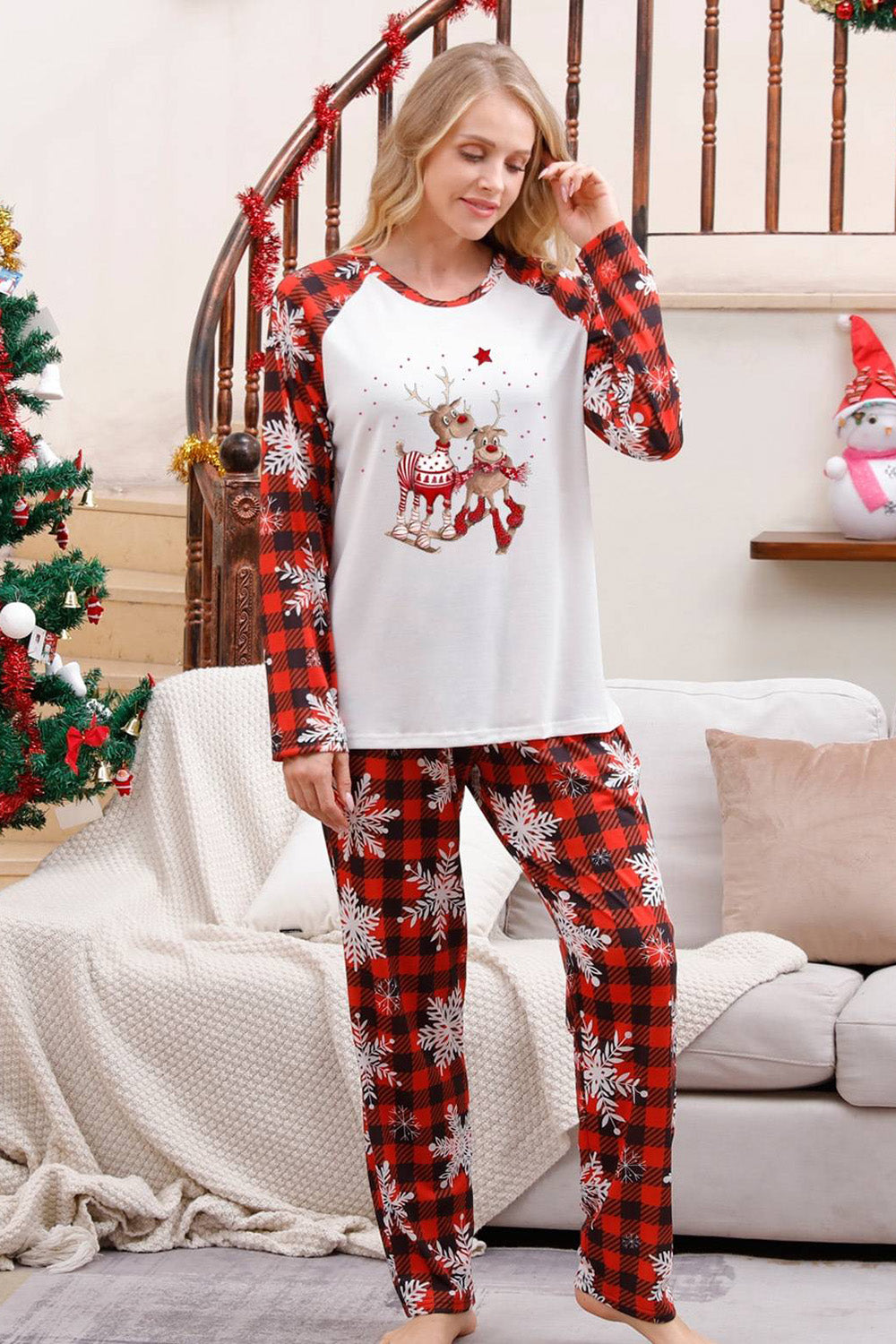 Red Plaid Matching Family Christmas Pajamas with Snowflake