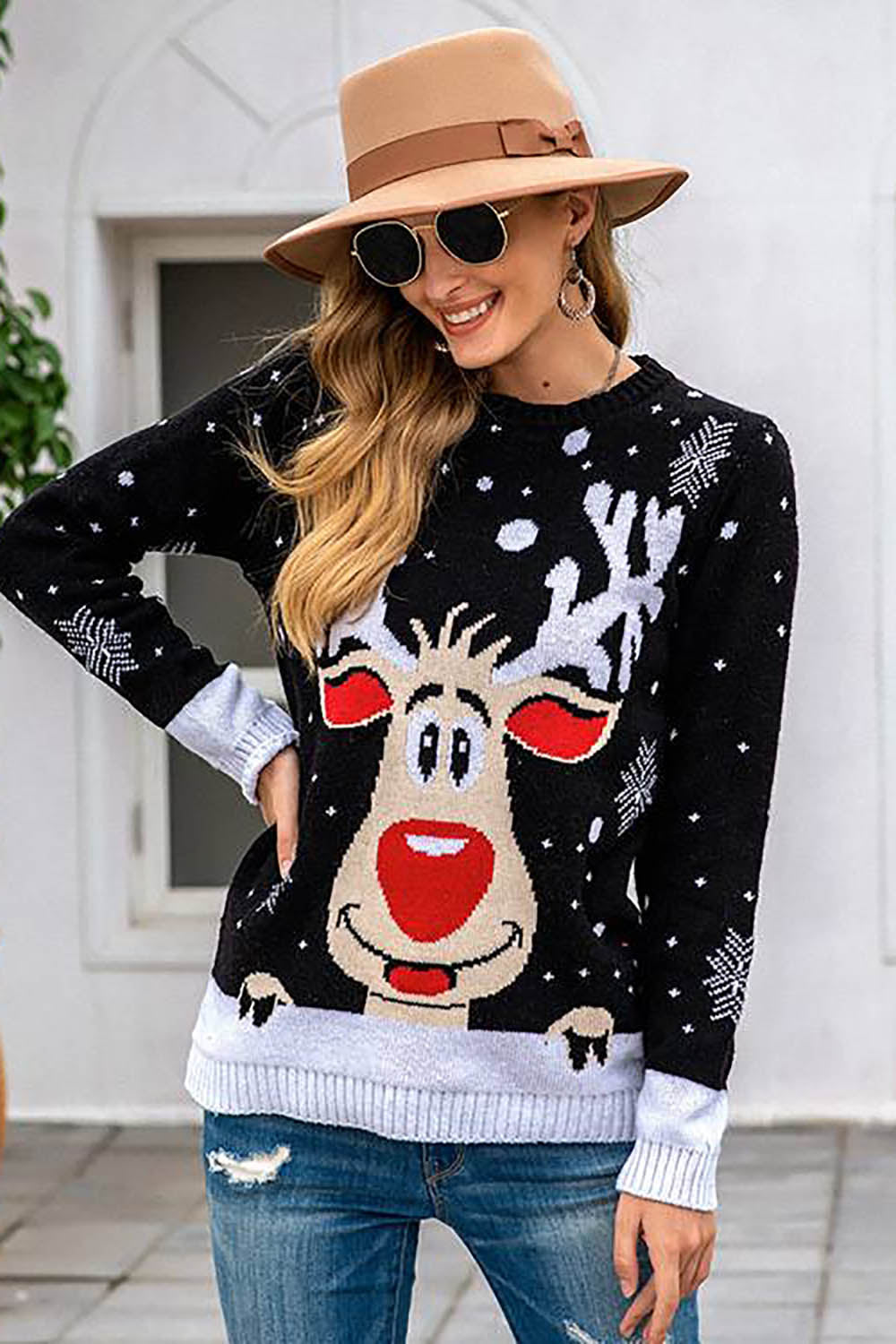 Black Christmas Reindeer Black Snowflake Sweater