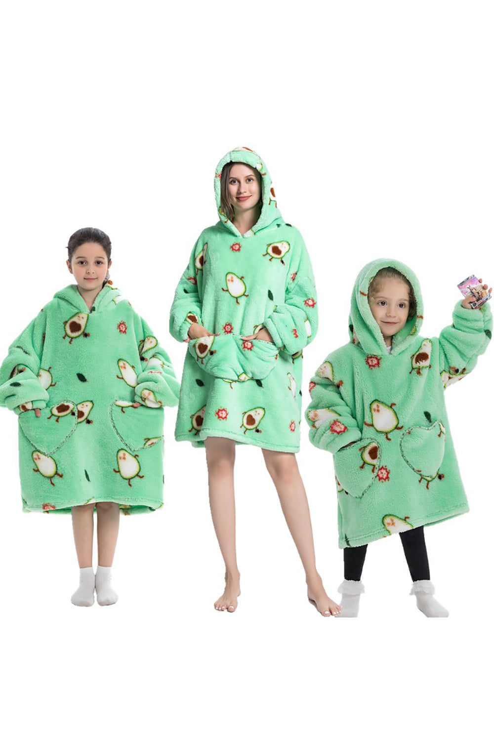 Black Strawberry Family Matching Flannel Oversize Wearable Hoodie Blanket Sweatshirt