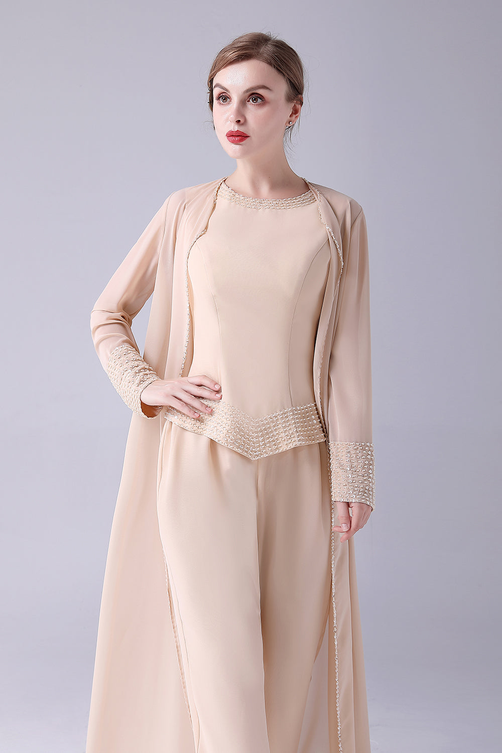 Champagne Long Coat 3 Pieces Mother of the Bride Pant Suits