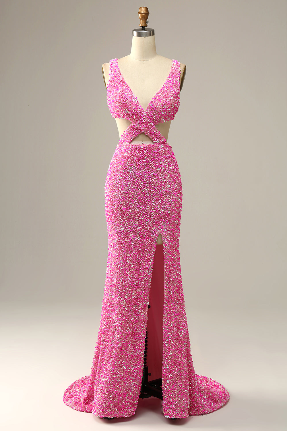 Fuchsia Sequined V-Neck Cut Out Prom Dress