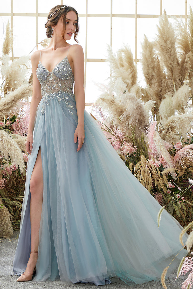 Zapaka Prom Dress Tulle Light Blue A-Line Spaghetti Straps Beading Long  Party Dress – Zapaka CA