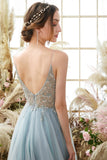 Light Blue Spaghetti Straps Prom Dress With Beadings