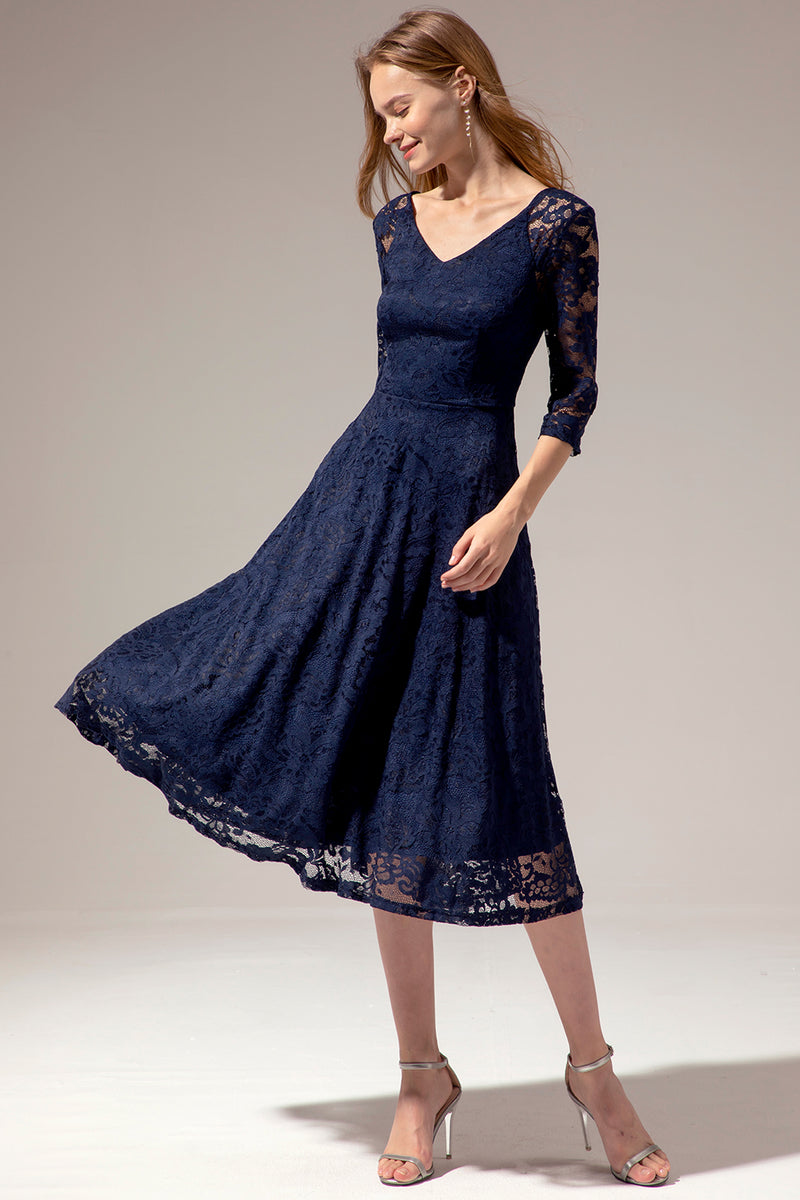 Navy lace cocktail shop dress with sleeves