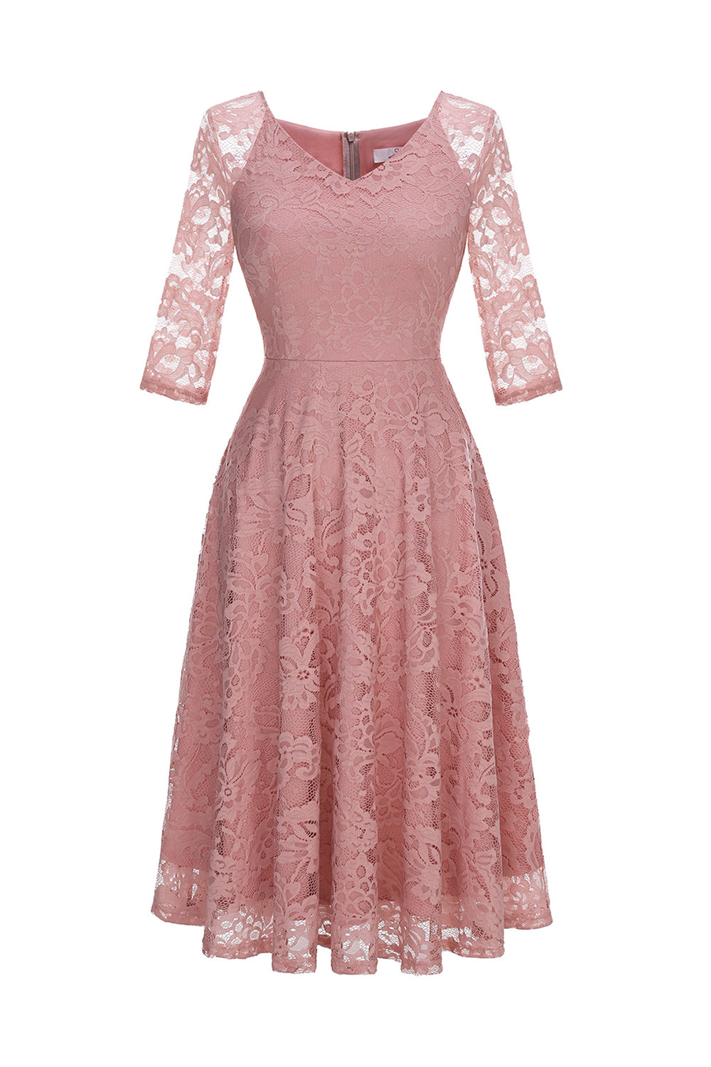 Blush V-Neck 3/4 Sleeves Lace Party Dress