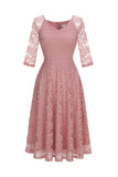 Blush V-Neck 3/4 Sleeves Lace Party Dress