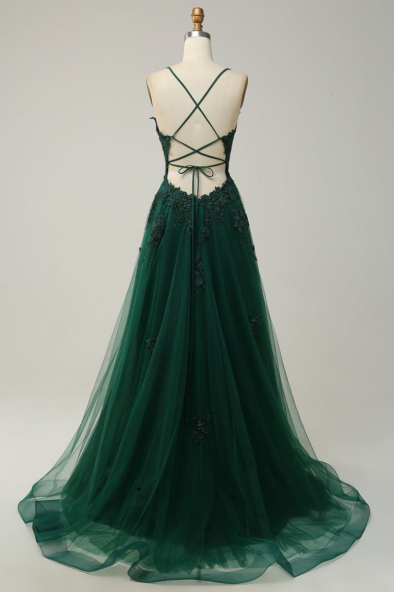 Gorgeous Satin Spaghetti Straps Dark Green Prom Dress Long With