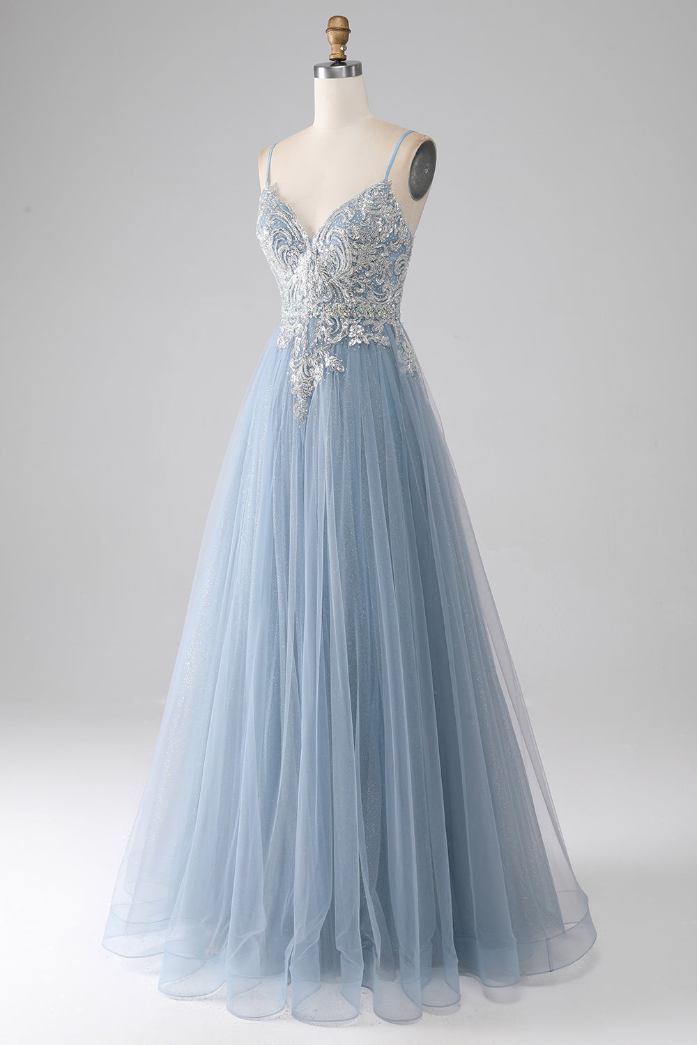 Grey Blue A-line Spaghetti Straps Sparkly Sequin Long Prom Dress