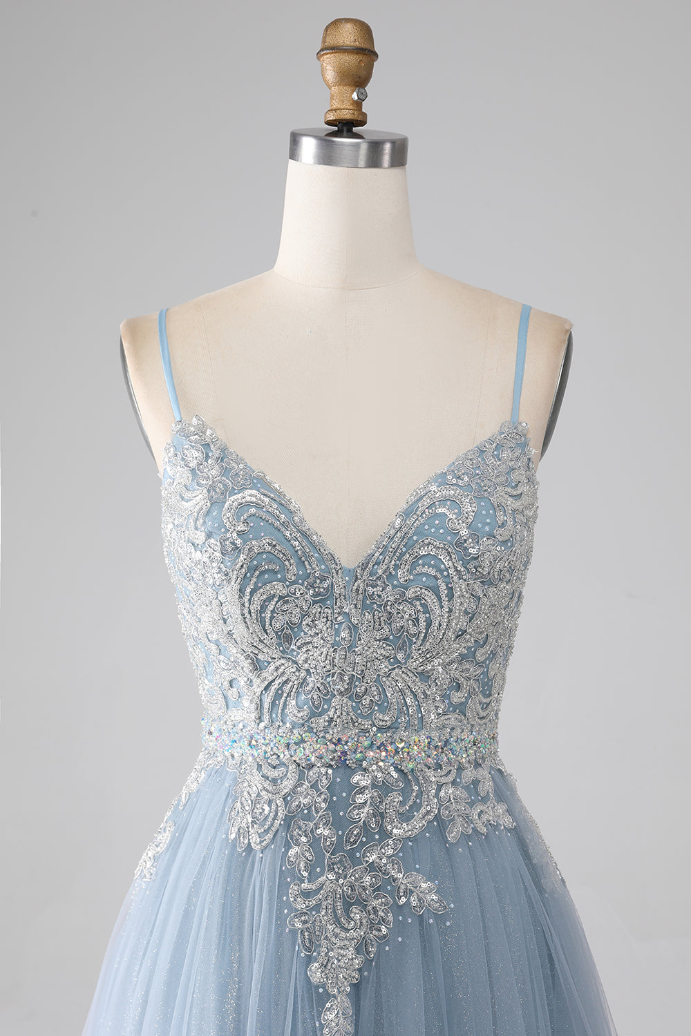 Grey Blue A-line Spaghetti Straps Sparkly Sequin Long Prom Dress