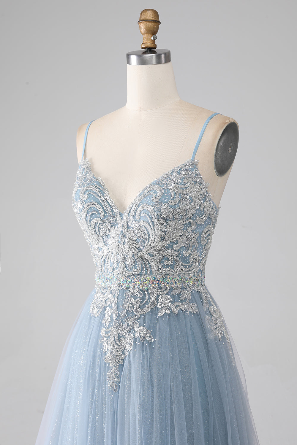 Grey Blue A-line Spaghetti Straps Sparkly Sequin Long Prom Dress