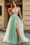A-Line V Neck Floor-Length Beaded Tulle Light Green Prom Dress with Slit