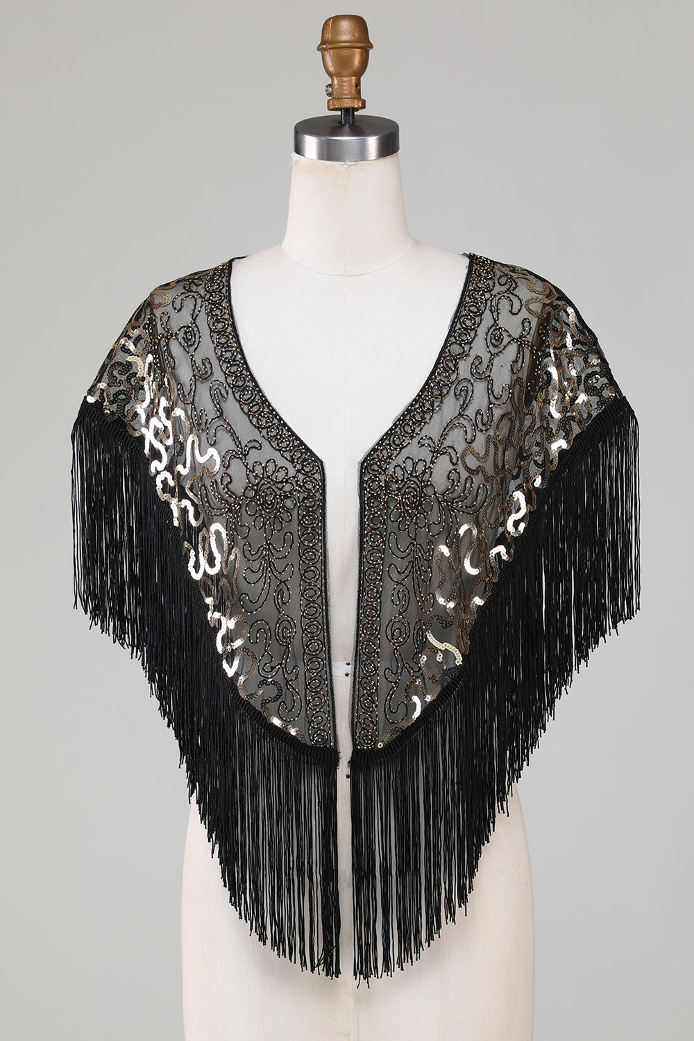 Black Sequins Glitter 1920s Cape with Fringes