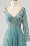 Grey Green A-Line Sparkly Sequin Long Corset Prom Dress