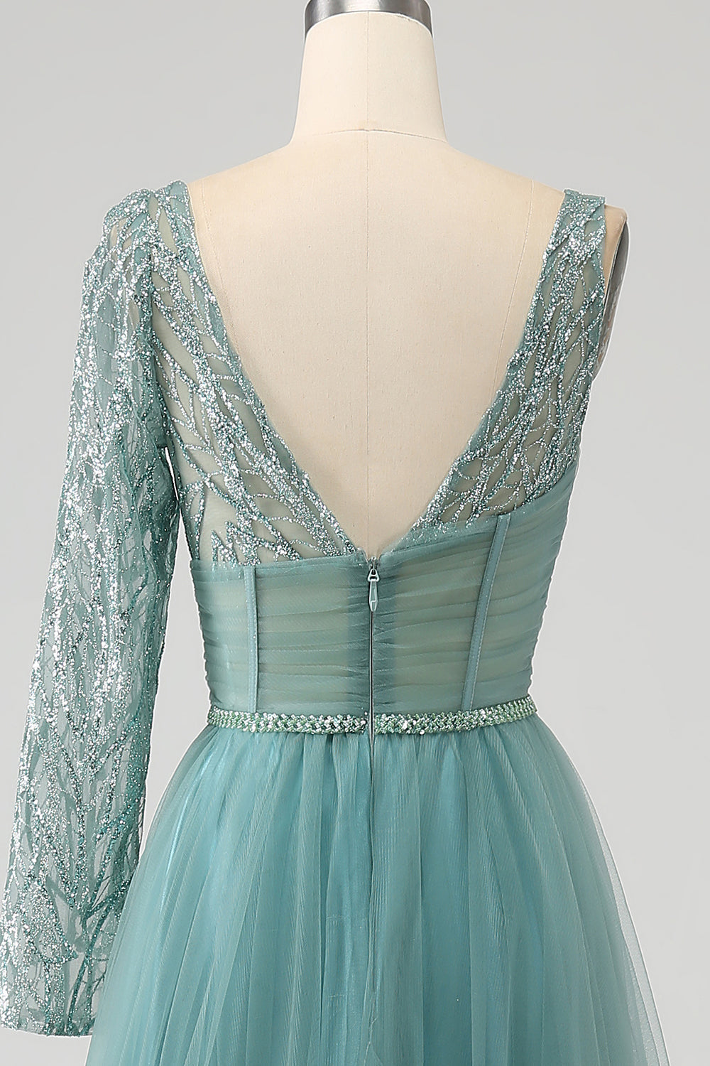 Grey Green A-Line Sparkly Sequin Long Corset Prom Dress